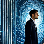 A professional individual, fully clothed in a modest business suit, thoughtfully observing a complex, abstract digital data visualization that resembles a swirling ocean of information. The background is a clean, modern office space with subtle glowing lines representing data streams. The subject's expression shows focused determination to find clarity amidst the vastness, symbolizing the challenge of navigating information overload. perfect anatomy, correct proportions, natural pose, well-formed hands, proper finger count, natural body proportions, professional dress, safe for work, appropriate content, fully clothed, professional, family-friendly.