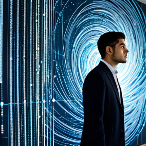 A professional individual, fully clothed in a modest business suit, thoughtfully observing a complex, abstract digital data visualization that resembles a swirling ocean of information. The background is a clean, modern office space with subtle glowing lines representing data streams. The subject's expression shows focused determination to find clarity amidst the vastness, symbolizing the challenge of navigating information overload. perfect anatomy, correct proportions, natural pose, well-formed hands, proper finger count, natural body proportions, professional dress, safe for work, appropriate content, fully clothed, professional, family-friendly.