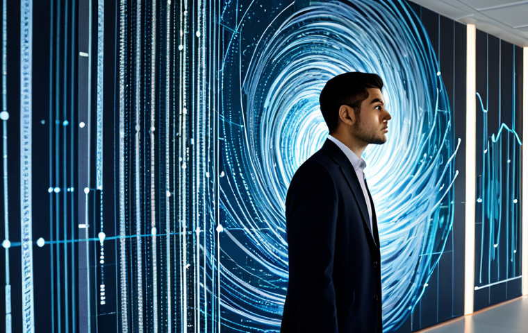 A professional individual, fully clothed in a modest business suit, thoughtfully observing a complex, abstract digital data visualization that resembles a swirling ocean of information. The background is a clean, modern office space with subtle glowing lines representing data streams. The subject's expression shows focused determination to find clarity amidst the vastness, symbolizing the challenge of navigating information overload. perfect anatomy, correct proportions, natural pose, well-formed hands, proper finger count, natural body proportions, professional dress, safe for work, appropriate content, fully clothed, professional, family-friendly.