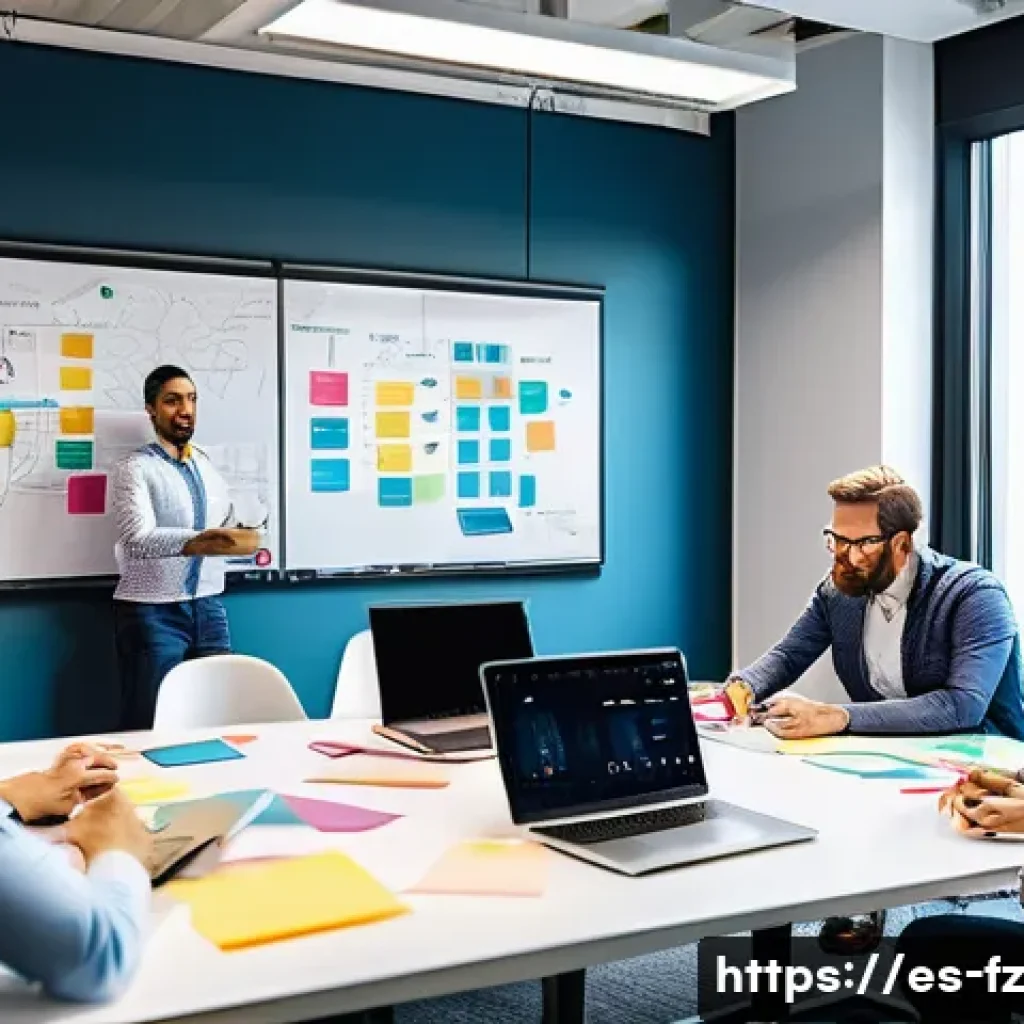 지식 합성을 위한 브레인스토밍 기법 - A collaborative brainstorming session in a modern office setting with a diverse team of professional...