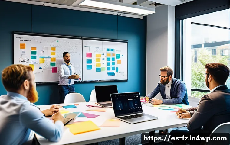 지식 합성을 위한 브레인스토밍 기법 - A collaborative brainstorming session in a modern office setting with a diverse team of professional...