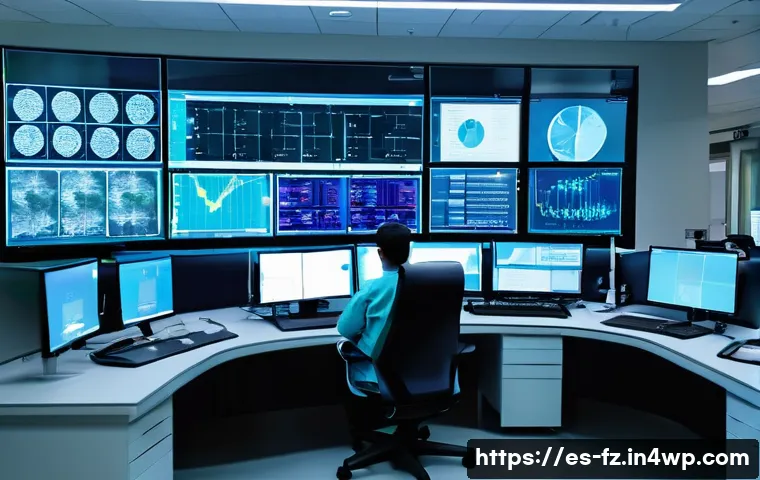 지식 합성 기술을 활용한 혁신 사례 - A modern hospital control room bustling with diverse medical professionals, including doctors and da...