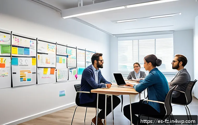 지식 합성에서의 적응력 키우기 - A modern, bright office environment showing a diverse team of professionals engaged in an interdisci...